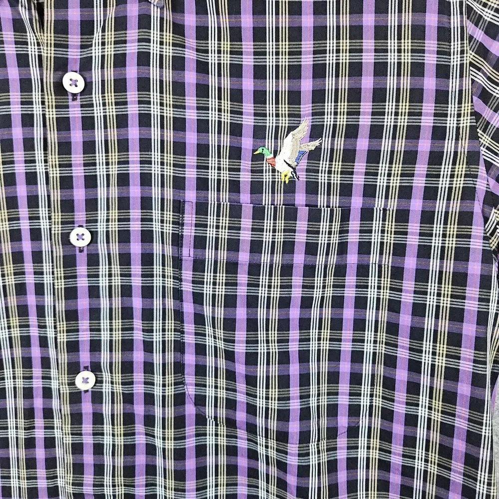 Peter Millar Men's Dress Shirt Size Medium Embroidered Duck Purple‎ & Gray Plaid